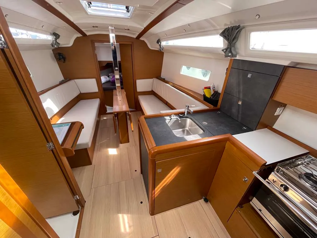 Salon of Castor, a Jeanneau Sun Odyssey 349 sailboat at Felanitx, Spain
