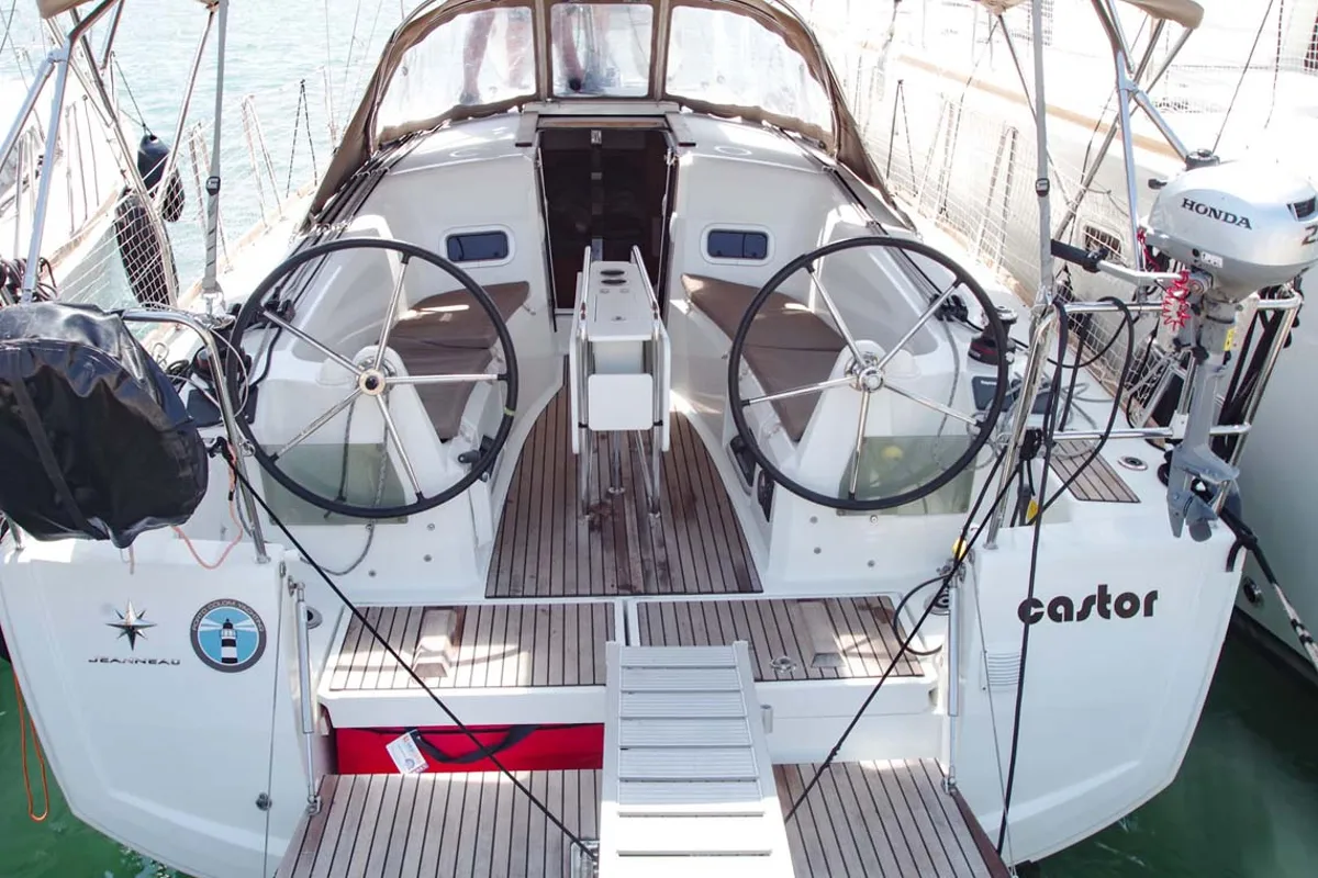 Cockpit of Castor, a Jeanneau Sun Odyssey 349 sailboat at Felanitx, Spain