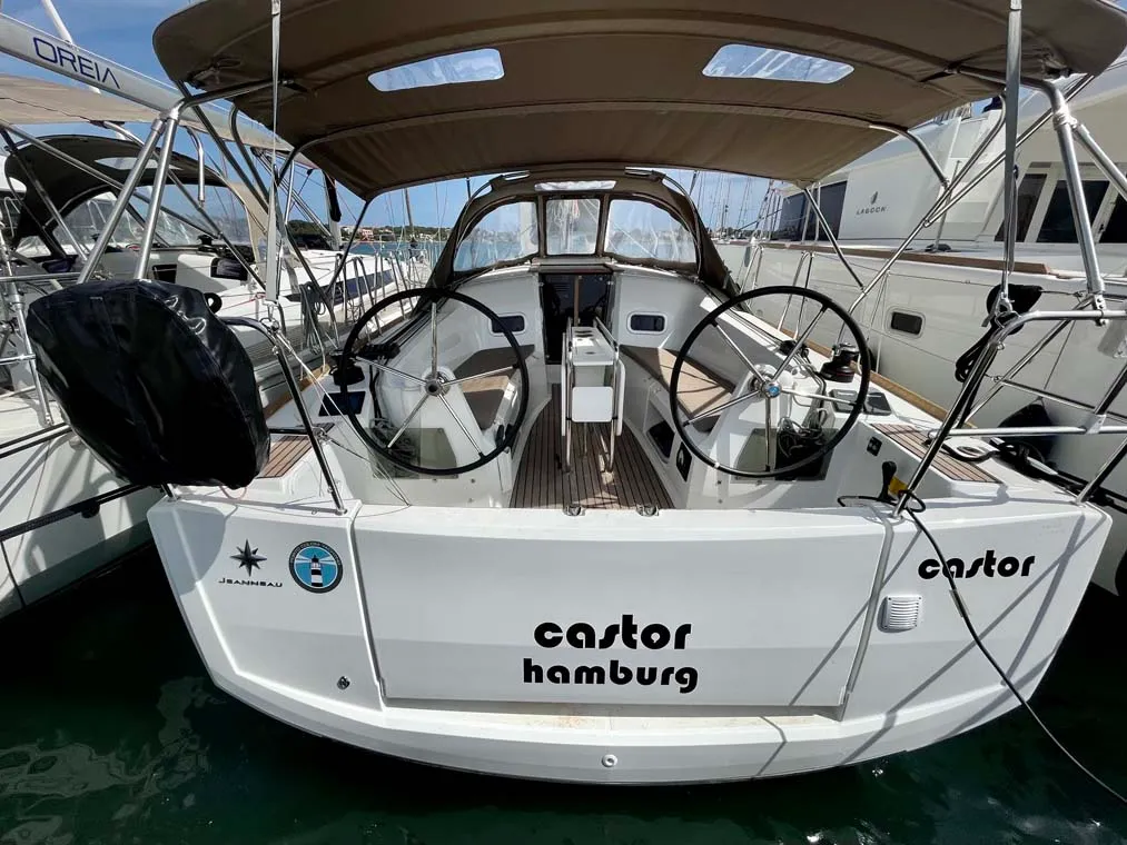 Exterior view of Castor, a Jeanneau Sun Odyssey 349 sailboat at Felanitx, Spain
