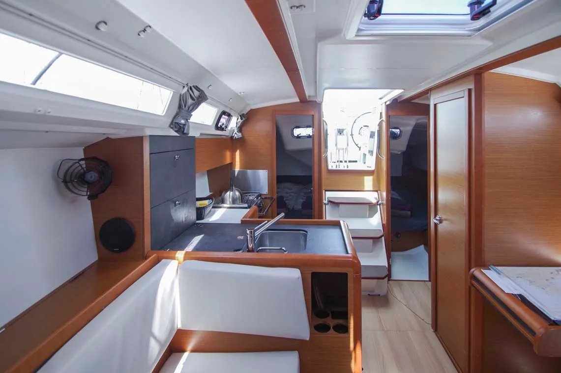 Salon of Castor, a Jeanneau Sun Odyssey 349 sailboat at Felanitx, Spain