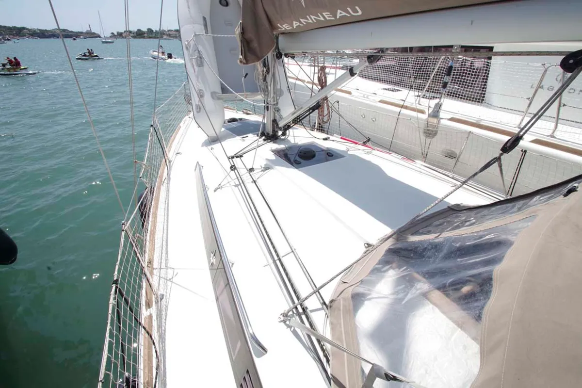 Deck of Castor, a Jeanneau Sun Odyssey 349 sailboat at Felanitx, Spain