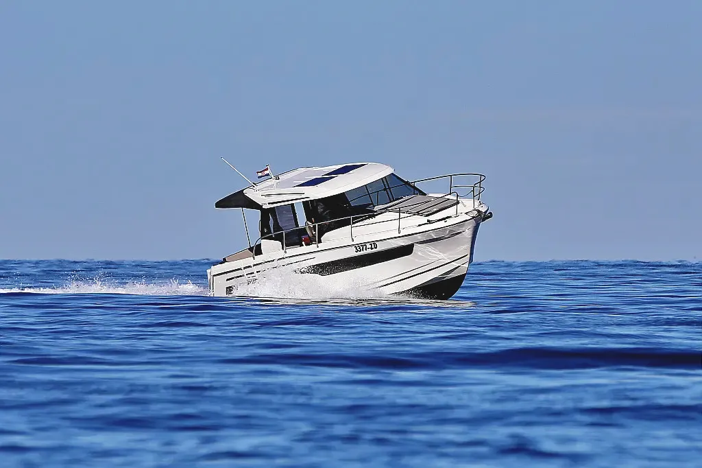 Exterior view of Ohana, a Jeanneau Merry Fisher 895 motorboat at Zadar, Croatia