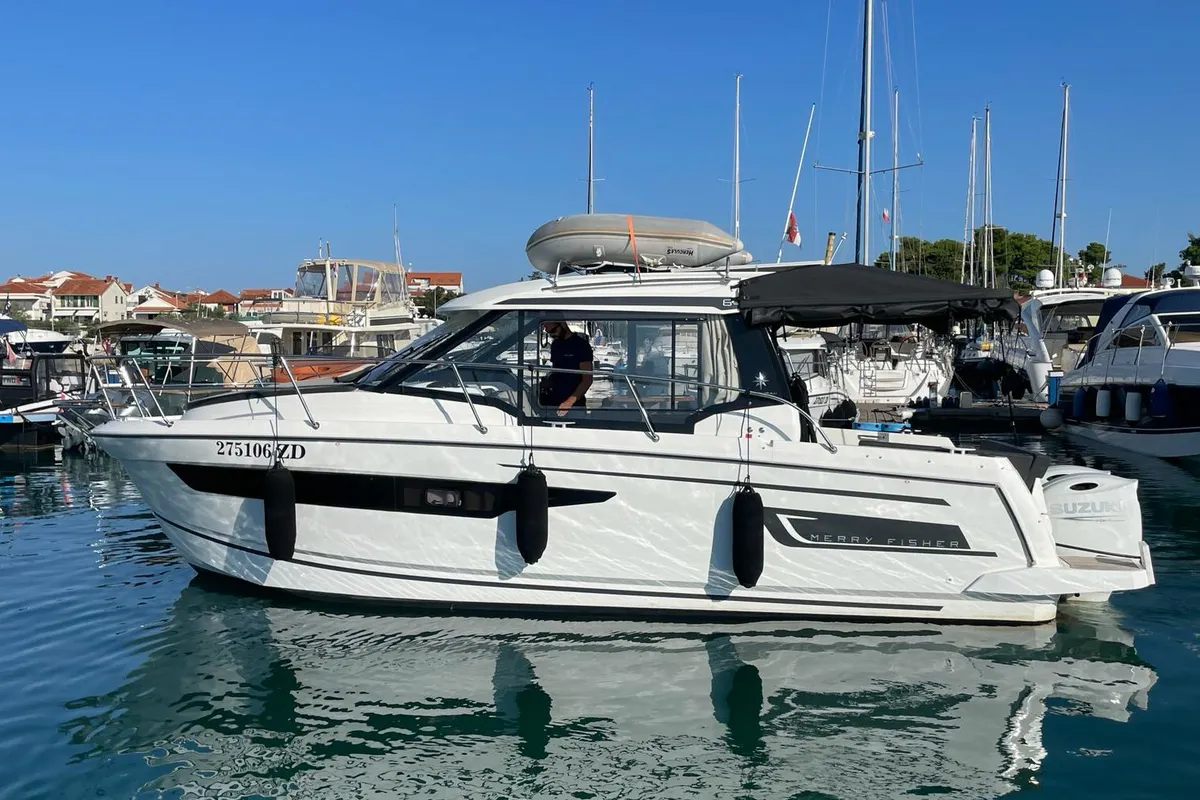 Exterior view of Ohana, a Jeanneau Merry Fisher 895 motorboat at Zadar, Croatia