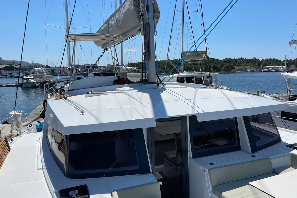 Exterior view of Jackpot, a Bali 4.2 catamaran at Grad Šibenik, Croatia
