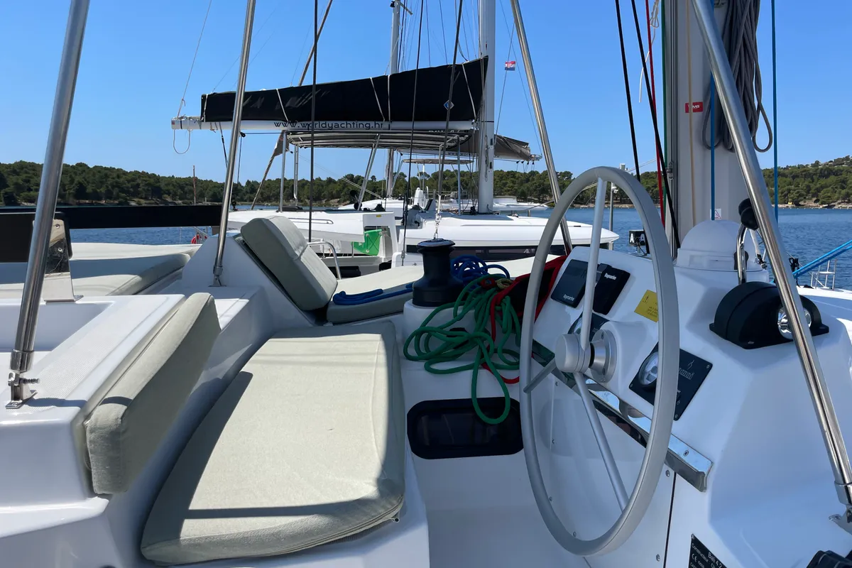 Cockpit of Jackpot, a Bali 4.2 catamaran at Grad Šibenik, Croatia