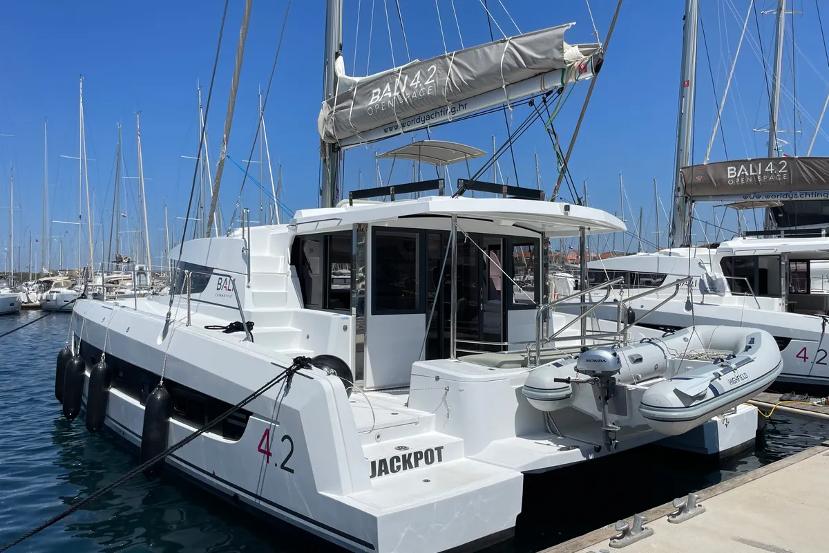 Exterior view of Jackpot, a Bali 4.2 catamaran at Grad Šibenik, Croatia