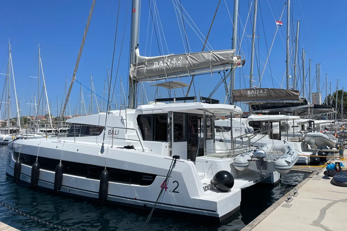 Exterior view of Jackpot, a Bali 4.2 catamaran at Grad Šibenik, Croatia