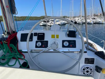 Cockpit of Jackpot, a Bali 4.2 catamaran at Grad Šibenik, Croatia