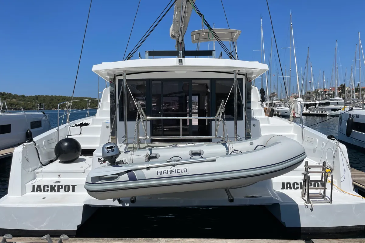 Deck of Jackpot, a Bali 4.2 catamaran at Grad Šibenik, Croatia