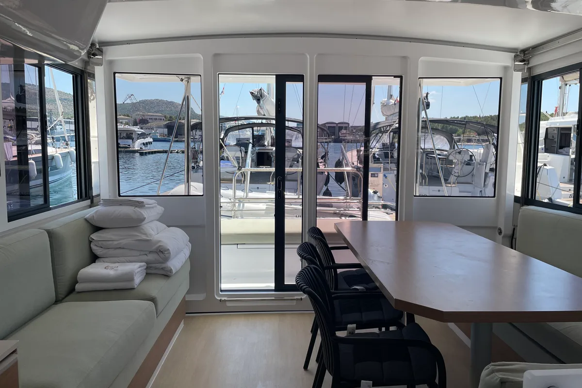 Salon of Jackpot, a Bali 4.2 catamaran at Grad Šibenik, Croatia