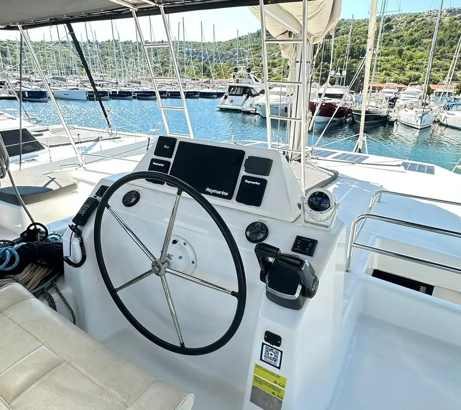 Cockpit of Casablanca, a Dufour 48 Catamaran catamaran at Primošten, Croatia