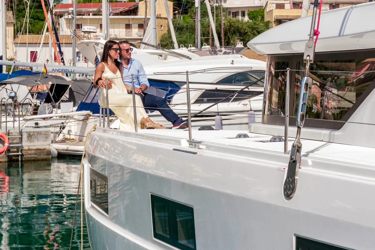 Exterior view of Latria, a Lagoon 46 catamaran at Benitses, Greece