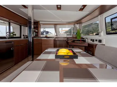 Salon of Latria, a Lagoon 46 catamaran at Benitses, Greece