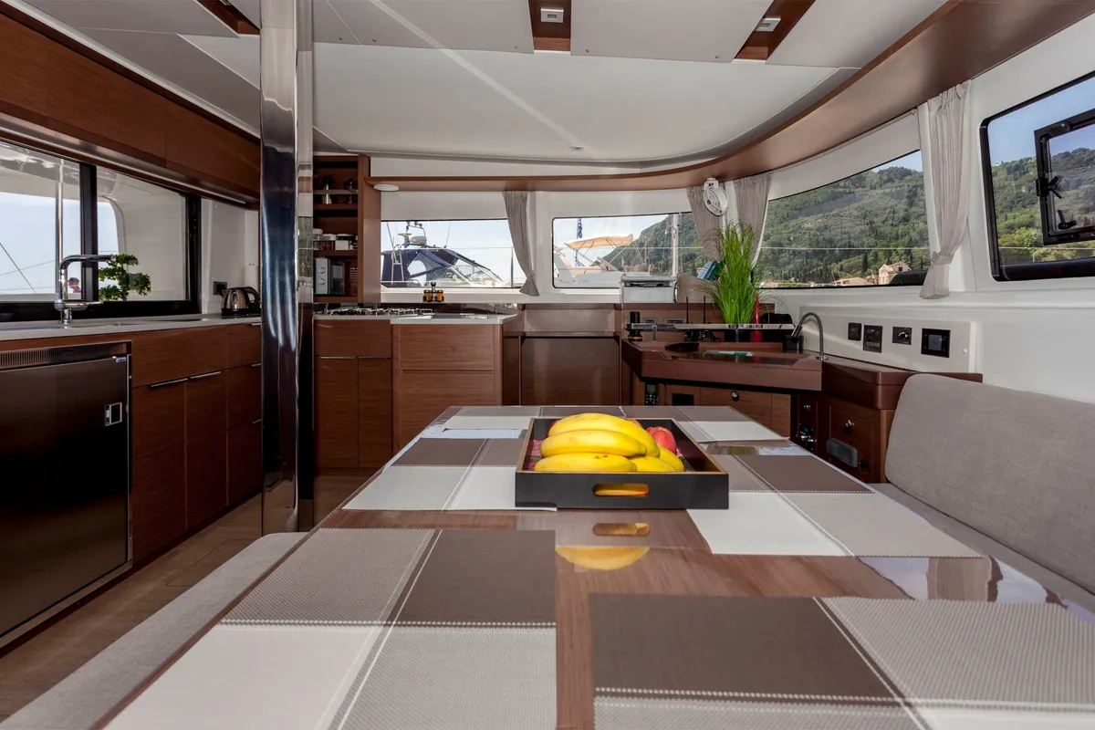 Salon of Latria, a Lagoon 46 catamaran at Benitses, Greece