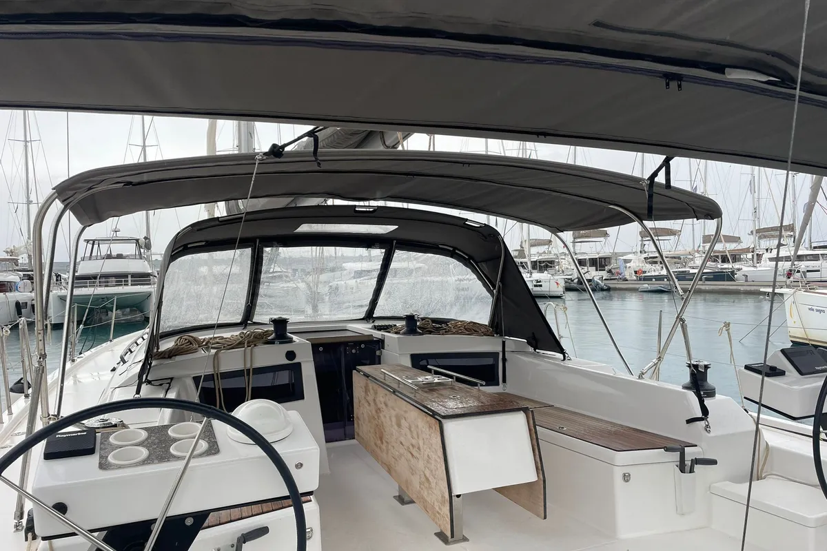 Cockpit of Iside, a Dufour 470 sailboat at Capo d'Orlando, Italy