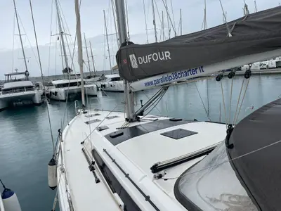 Deck of Iside, a Dufour 470 sailboat at Capo d'Orlando, Italy