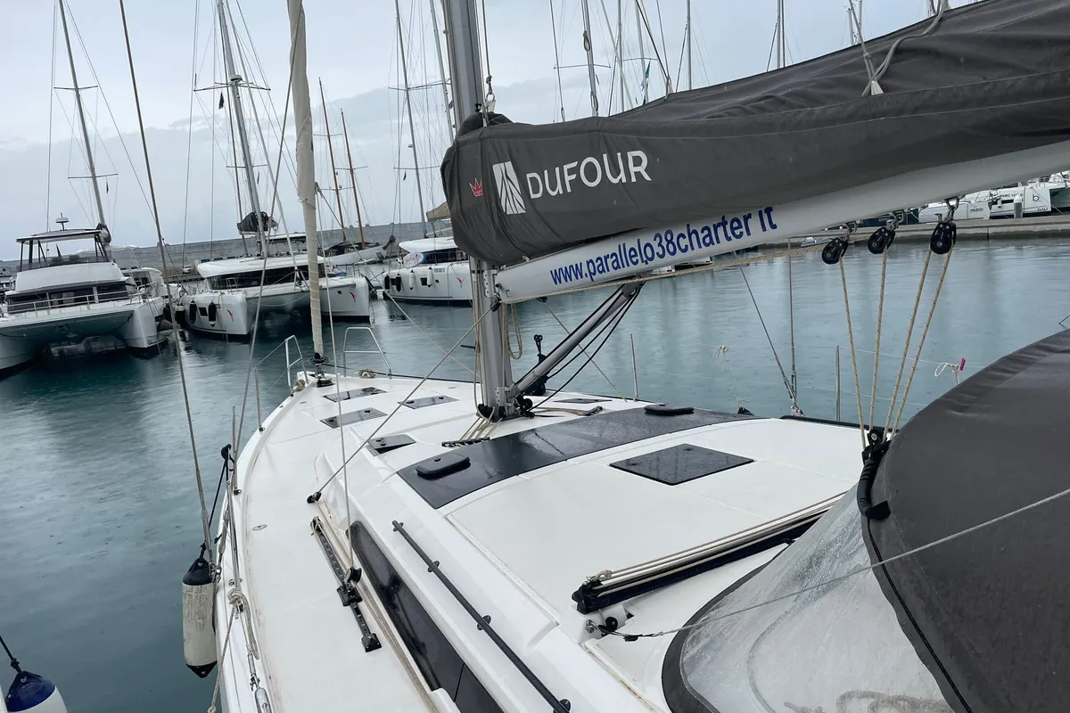 Deck of Iside, a Dufour 470 sailboat at Capo d'Orlando, Italy