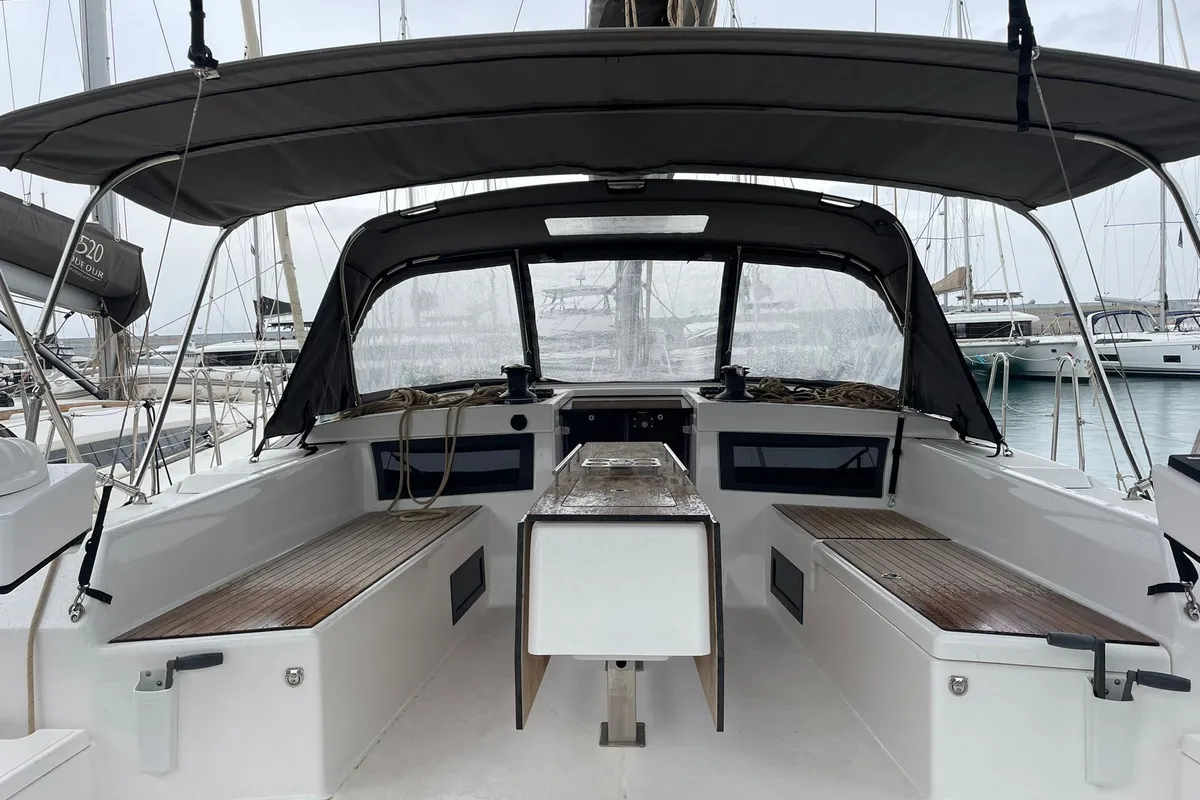 Cockpit of Iside, a Dufour 470 sailboat at Capo d'Orlando, Italy