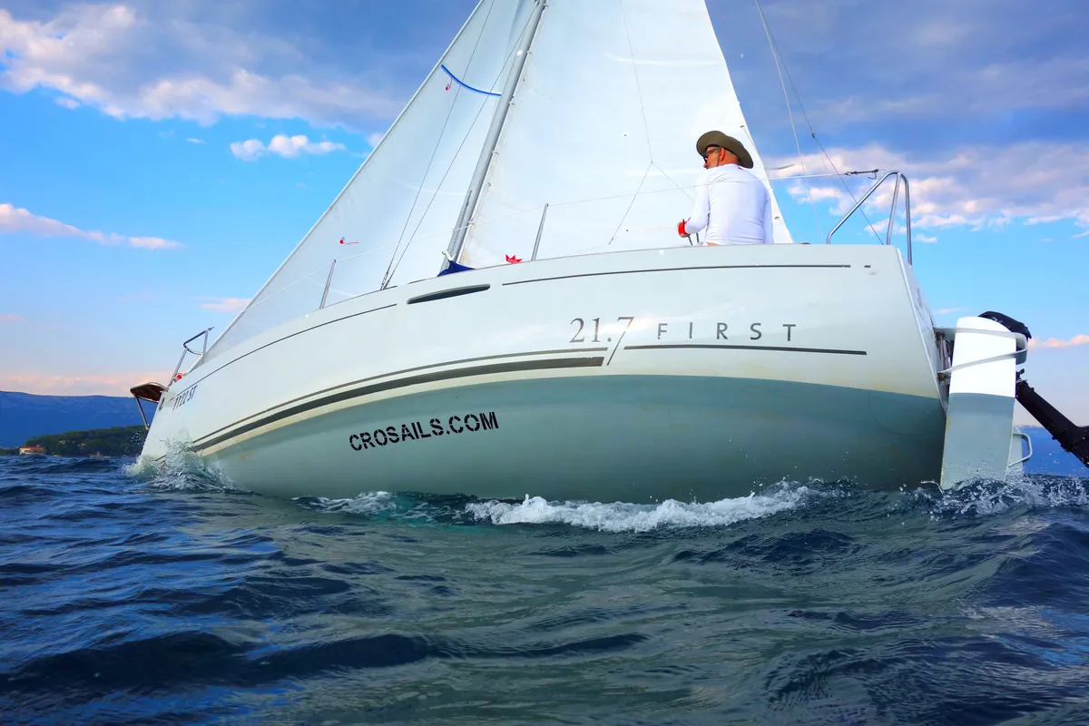 Exterior view of Vidra, a Beneteau First 21.7 sailboat at Split, Croatia