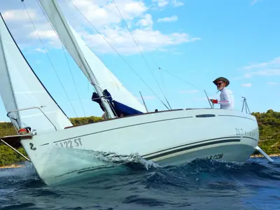 Exterior view of Vidra, a Beneteau First 21.7 sailboat at Split, Croatia