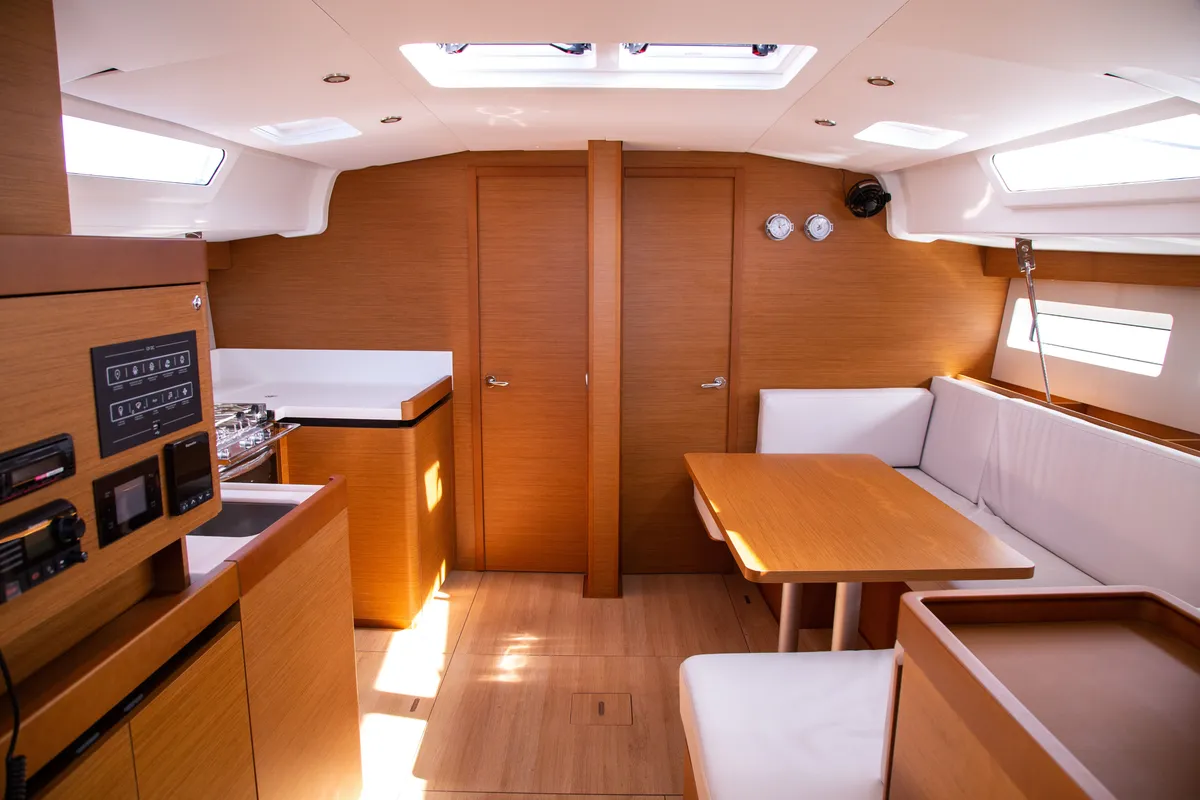 Salon of Thaleia, a Jeanneau Sun Odyssey 490 sailboat at Benitses, Greece