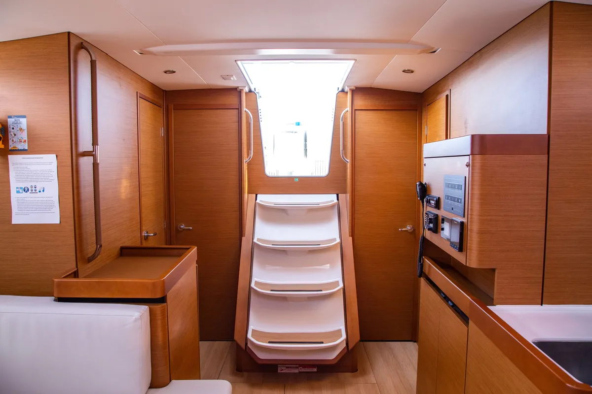 Salon of Thaleia, a Jeanneau Sun Odyssey 490 sailboat at Benitses, Greece