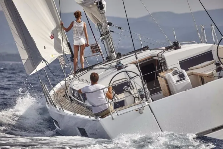Exterior view of Thaleia, a Jeanneau Sun Odyssey 490 sailboat at Benitses, Greece