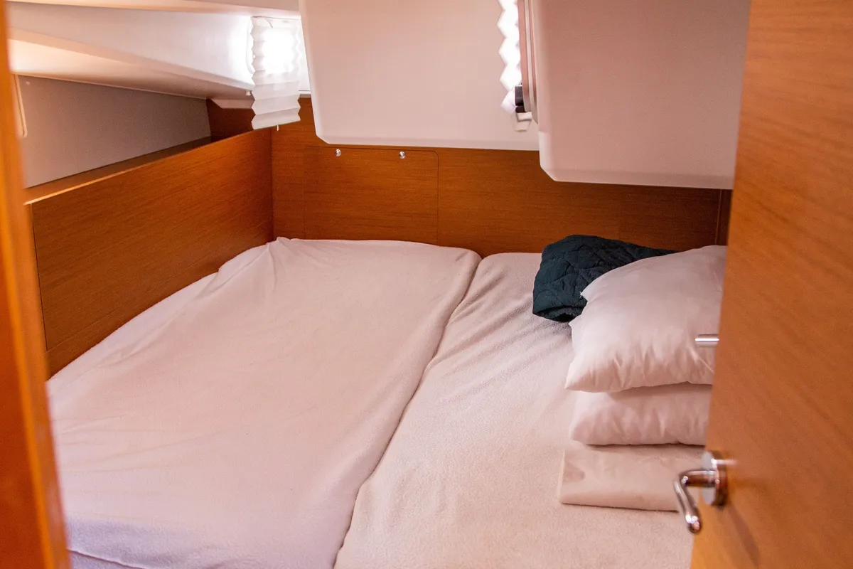 Cabin on Thaleia, a Jeanneau Sun Odyssey 490 sailboat at Benitses, Greece