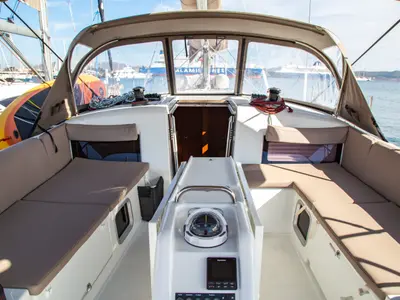 Cockpit of Thaleia, a Jeanneau Sun Odyssey 490 sailboat at Benitses, Greece