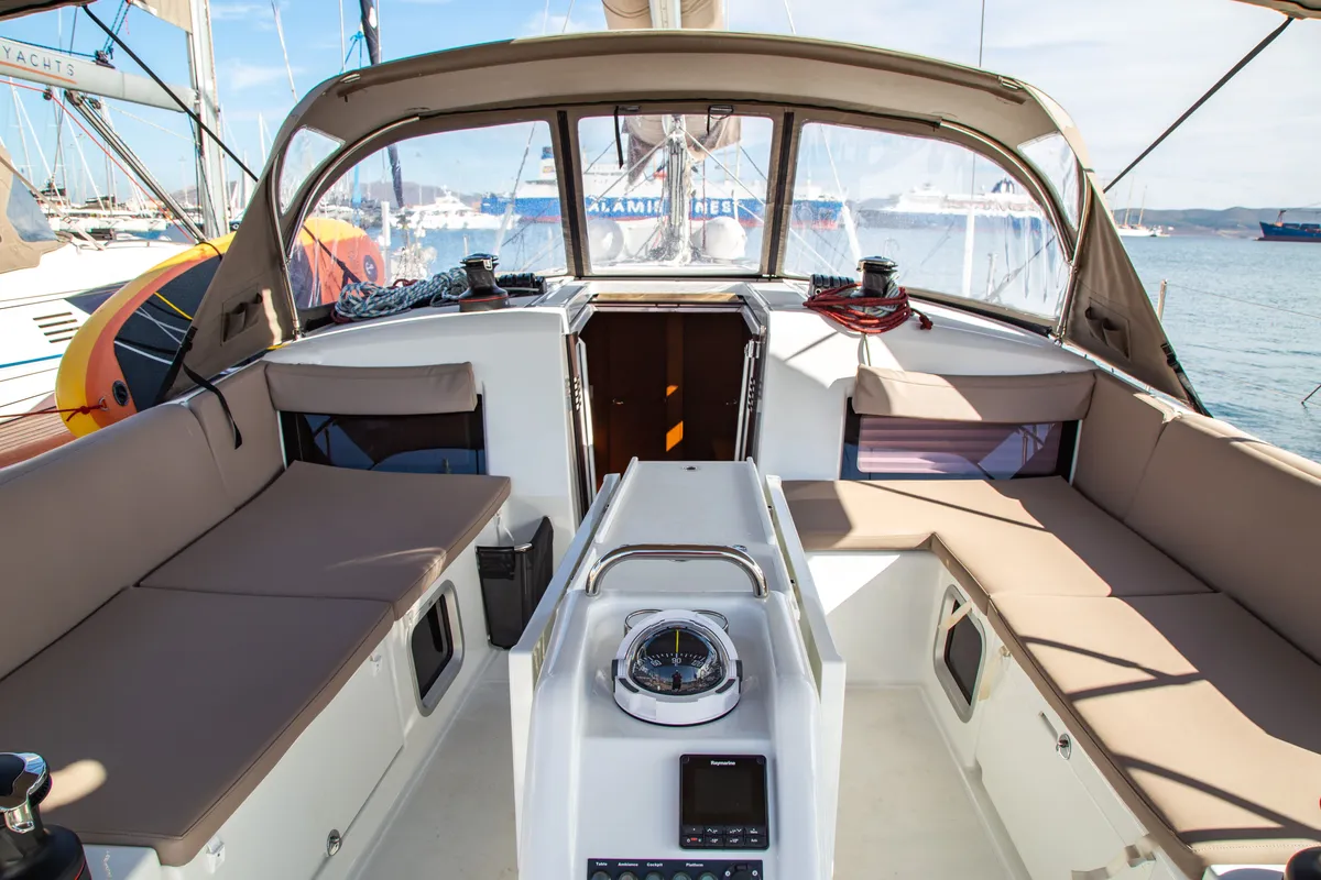 Cockpit of Thaleia, a Jeanneau Sun Odyssey 490 sailboat at Benitses, Greece
