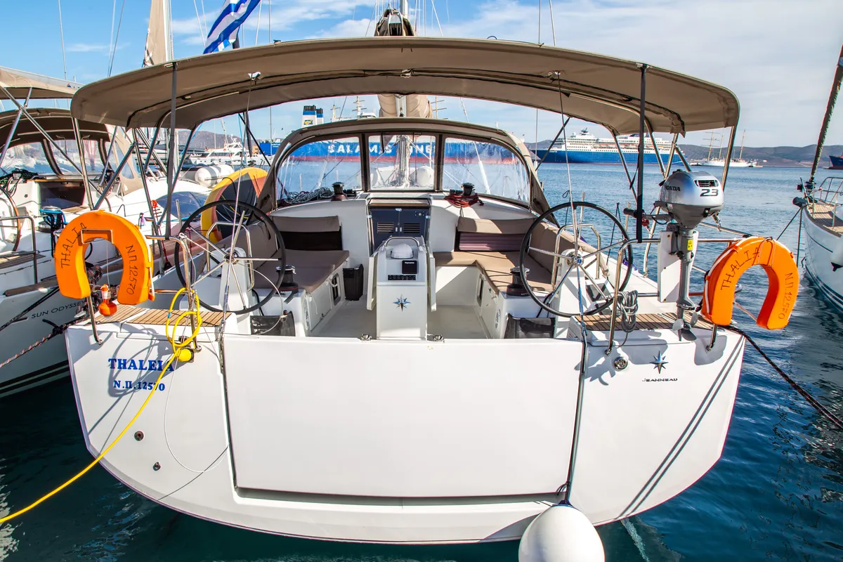 Cockpit of Thaleia, a Jeanneau Sun Odyssey 490 sailboat at Benitses, Greece