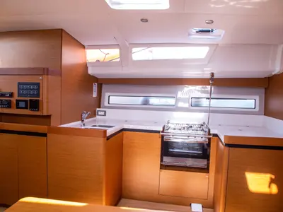 Galley of Thaleia, a Jeanneau Sun Odyssey 490 sailboat at Benitses, Greece