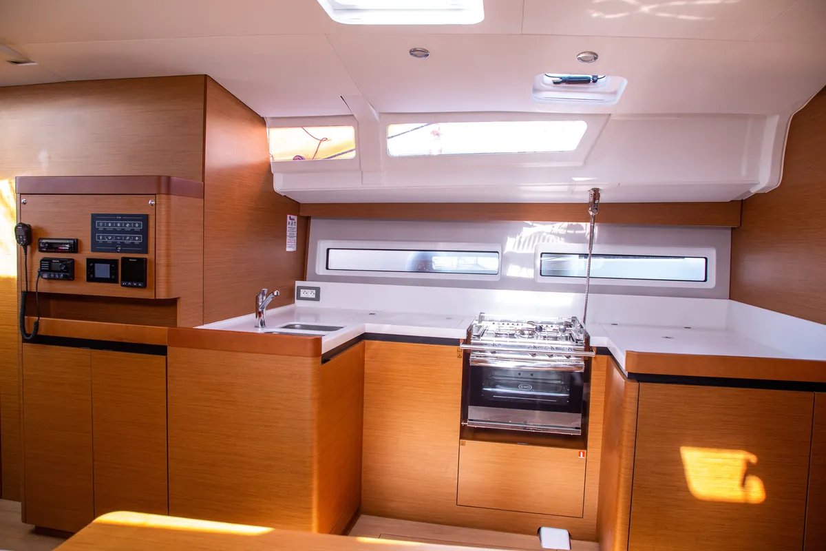 Galley of Thaleia, a Jeanneau Sun Odyssey 490 sailboat at Benitses, Greece