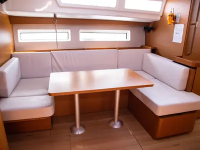Salon of Thaleia, a Jeanneau Sun Odyssey 490 sailboat at Benitses, Greece