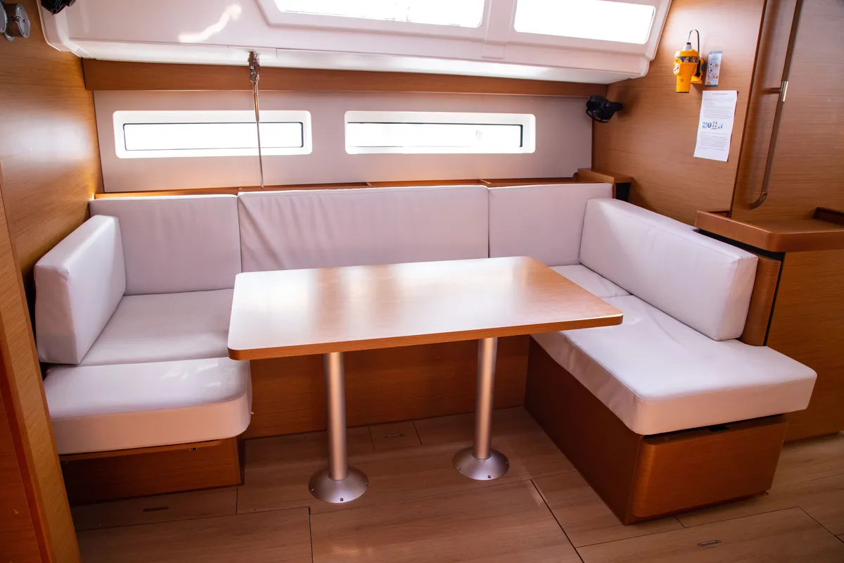 Salon of Thaleia, a Jeanneau Sun Odyssey 490 sailboat at Benitses, Greece