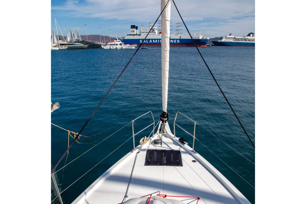 Exterior view of Thaleia, a Jeanneau Sun Odyssey 490 sailboat at Benitses, Greece