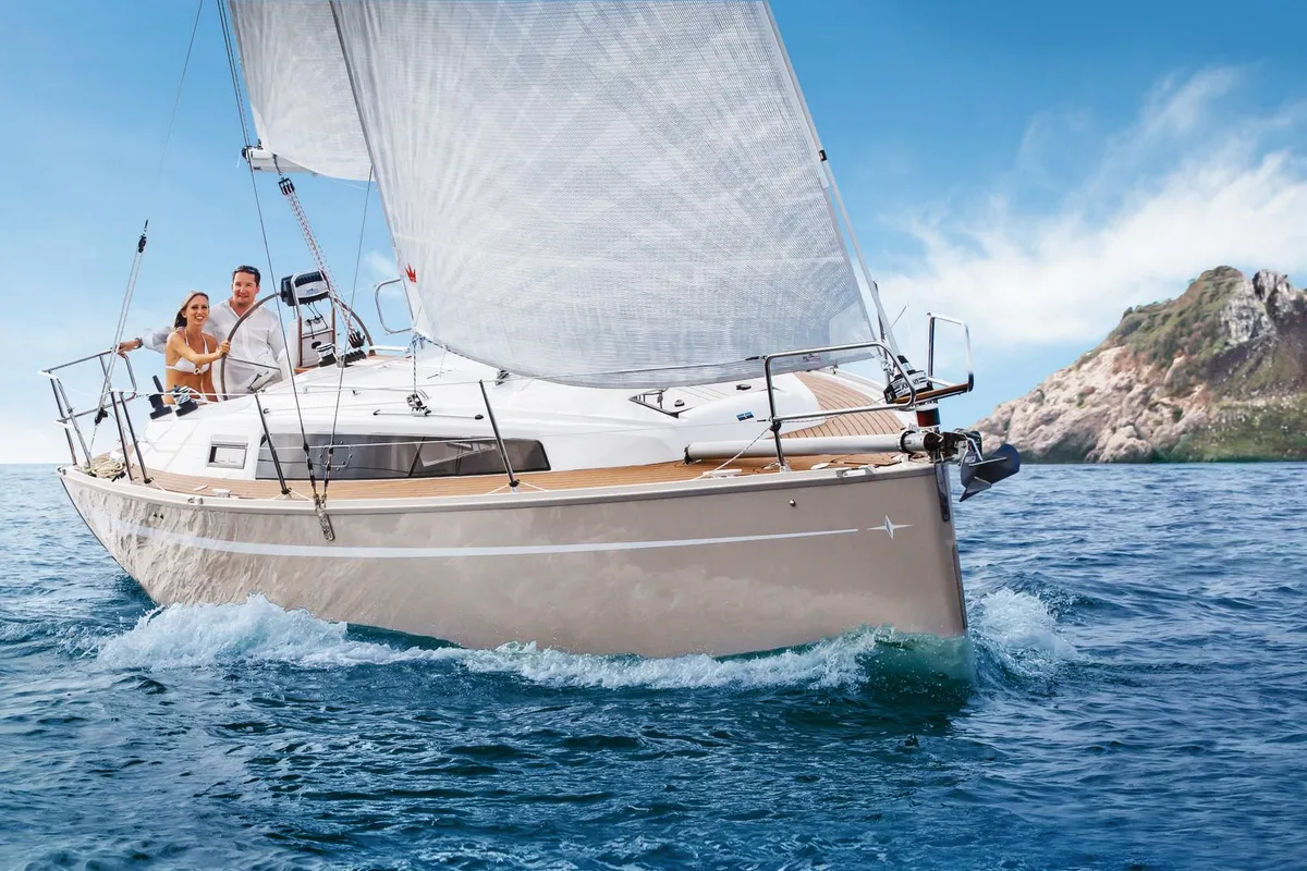 Exterior view of Larabay, a Bavaria Cruiser 34 sailboat at Heiligenhafen, Germany