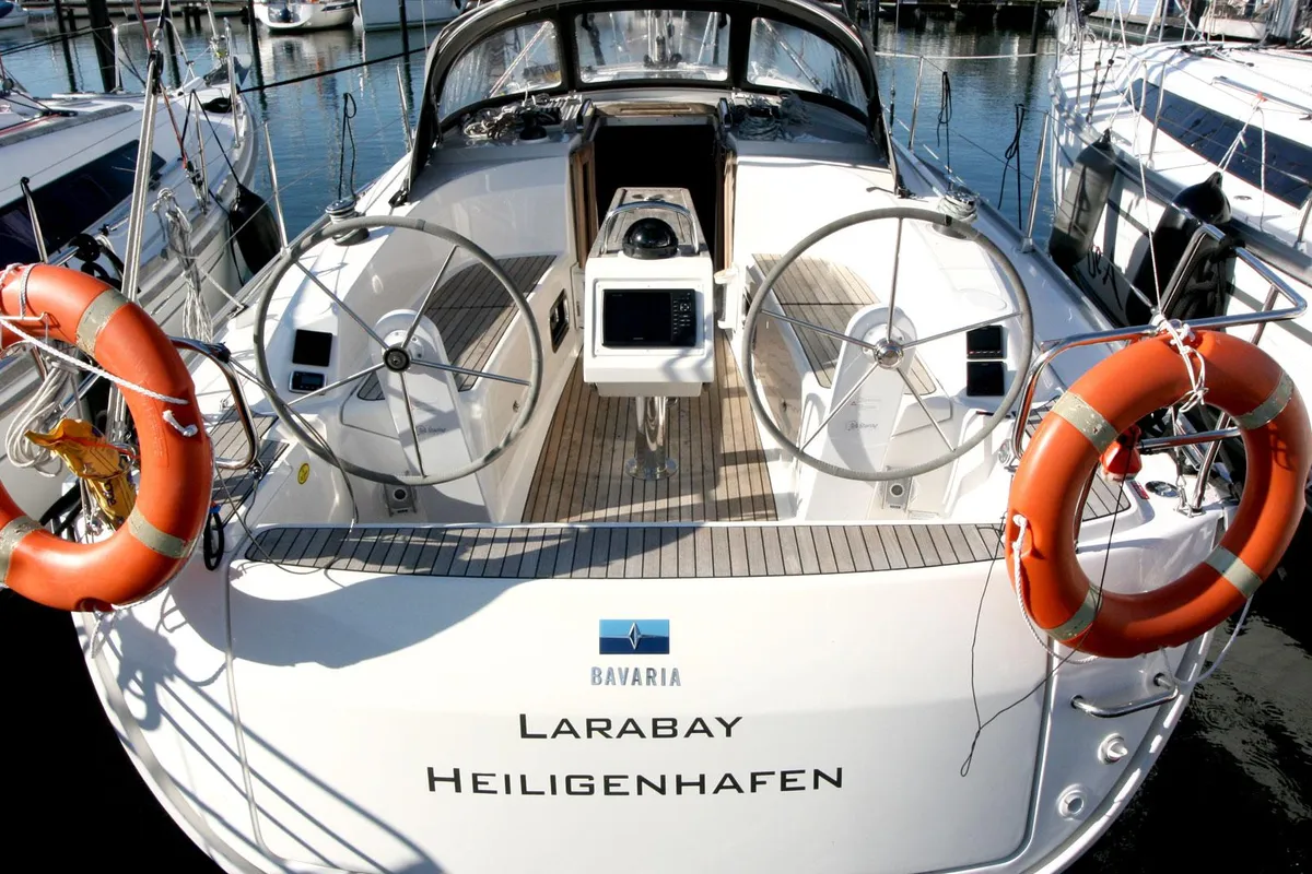 Cockpit of Larabay, a Bavaria Cruiser 34 sailboat at Heiligenhafen, Germany