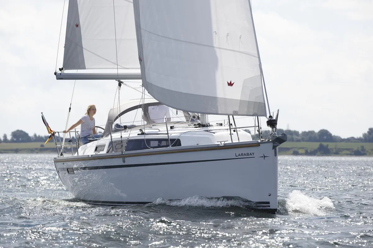 Exterior view of Larabay, a Bavaria Cruiser 34 sailboat at Heiligenhafen, Germany