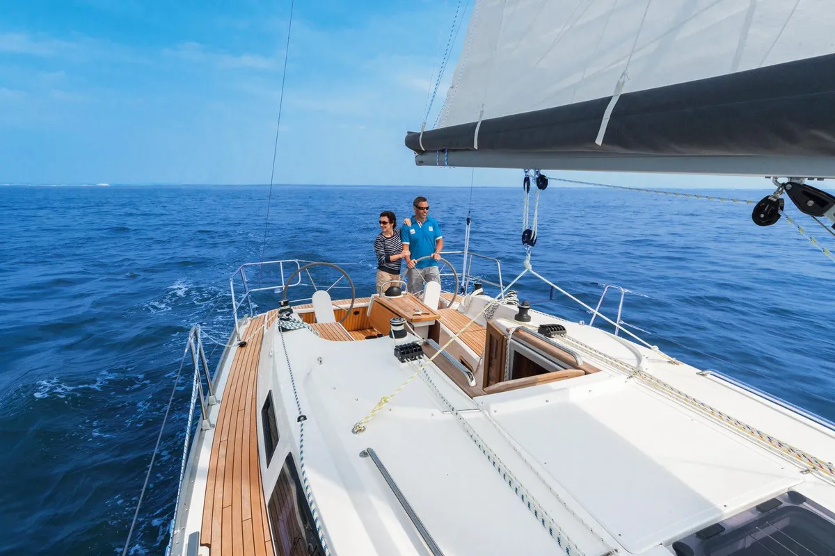 Deck of Larabay, a Bavaria Cruiser 34 sailboat at Heiligenhafen, Germany