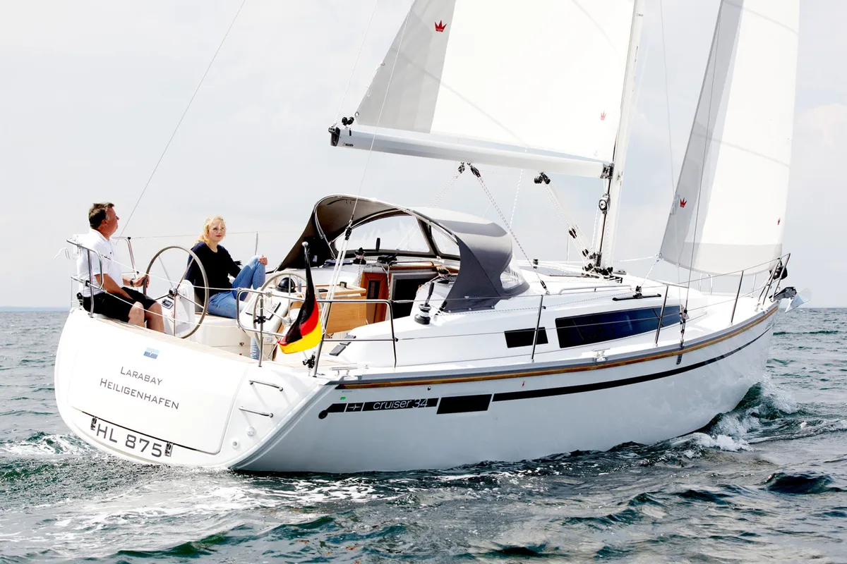 Exterior view of Larabay, a Bavaria Cruiser 34 sailboat at Heiligenhafen, Germany