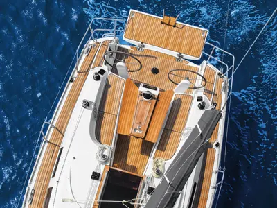 Deck of Larabay, a Bavaria Cruiser 34 sailboat at Heiligenhafen, Germany