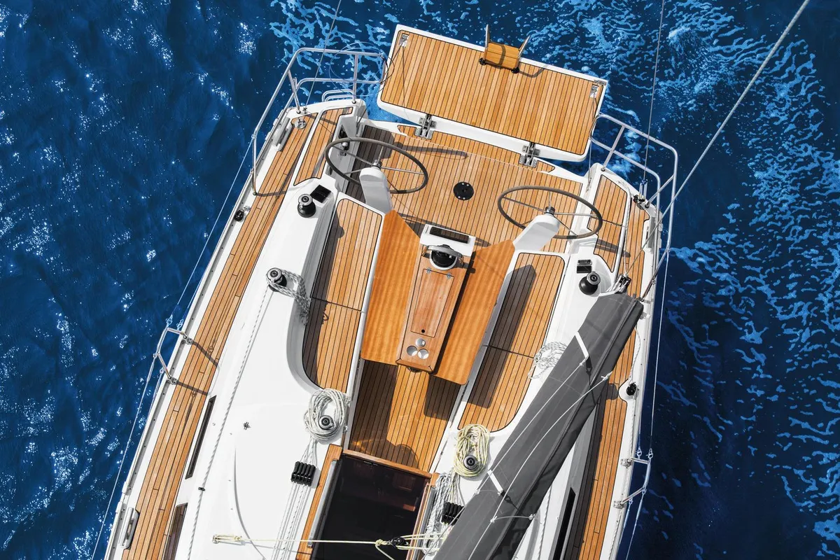 Deck of Larabay, a Bavaria Cruiser 34 sailboat at Heiligenhafen, Germany