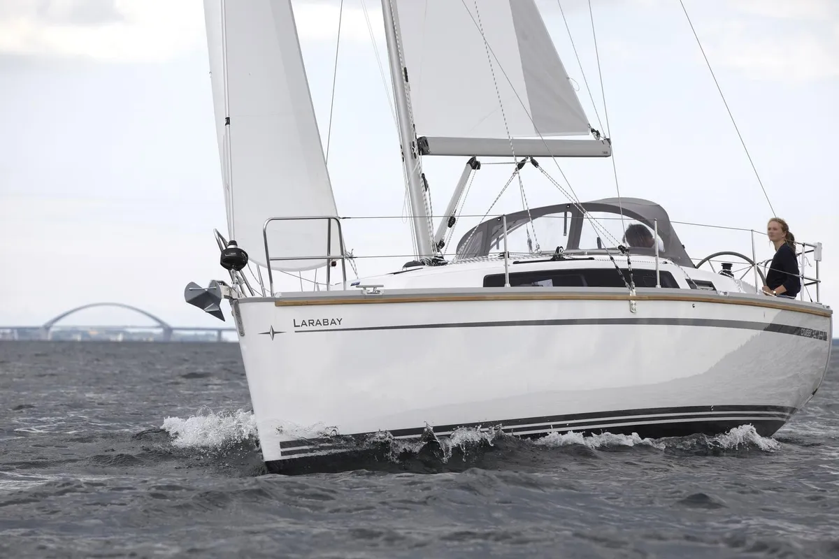 Exterior view of Larabay, a Bavaria Cruiser 34 sailboat at Heiligenhafen, Germany