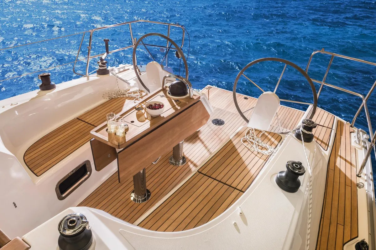 Deck of Larabay, a Bavaria Cruiser 34 sailboat at Heiligenhafen, Germany