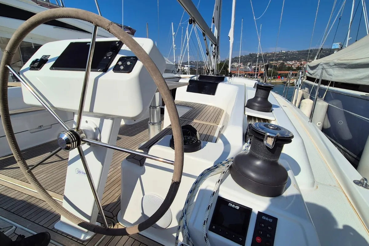 Cockpit of Bright Future, a Hanse 508 sailboat at Seget Donji, Croatia