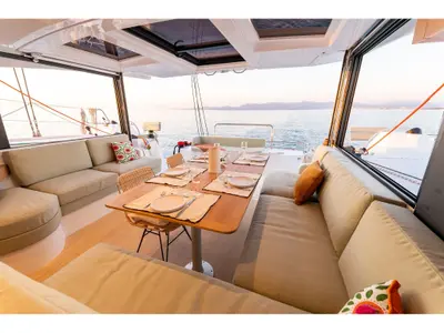 Salon of Agad, a Bali Catsmart catamaran at Tonnarella, Italy