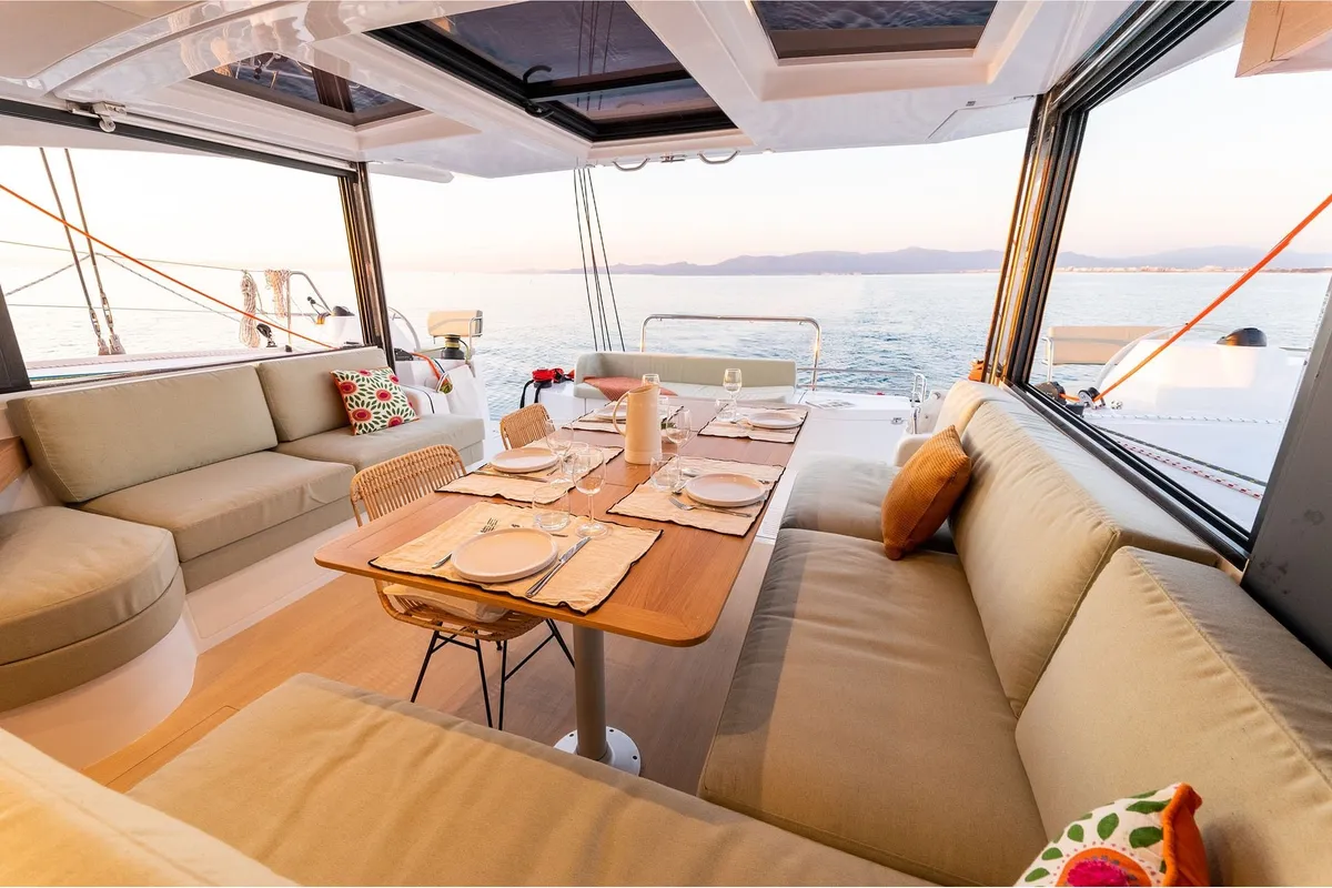 Salon of Agad, a Bali Catsmart catamaran at Tonnarella, Italy