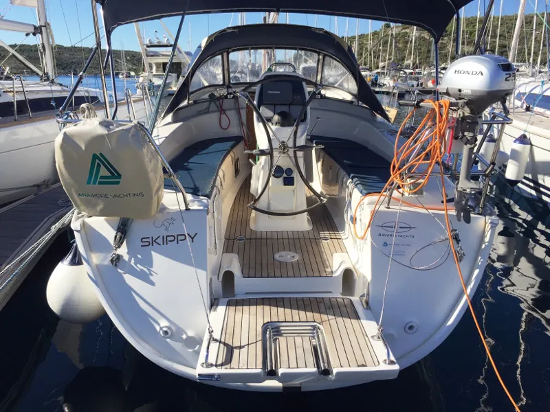 Exterior view of Skippy, a Bavaria 34 Cruiser sailboat at Primošten, Croatia
