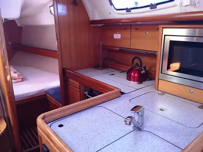 Galley of Skippy, a Bavaria 34 Cruiser sailboat at Primošten, Croatia